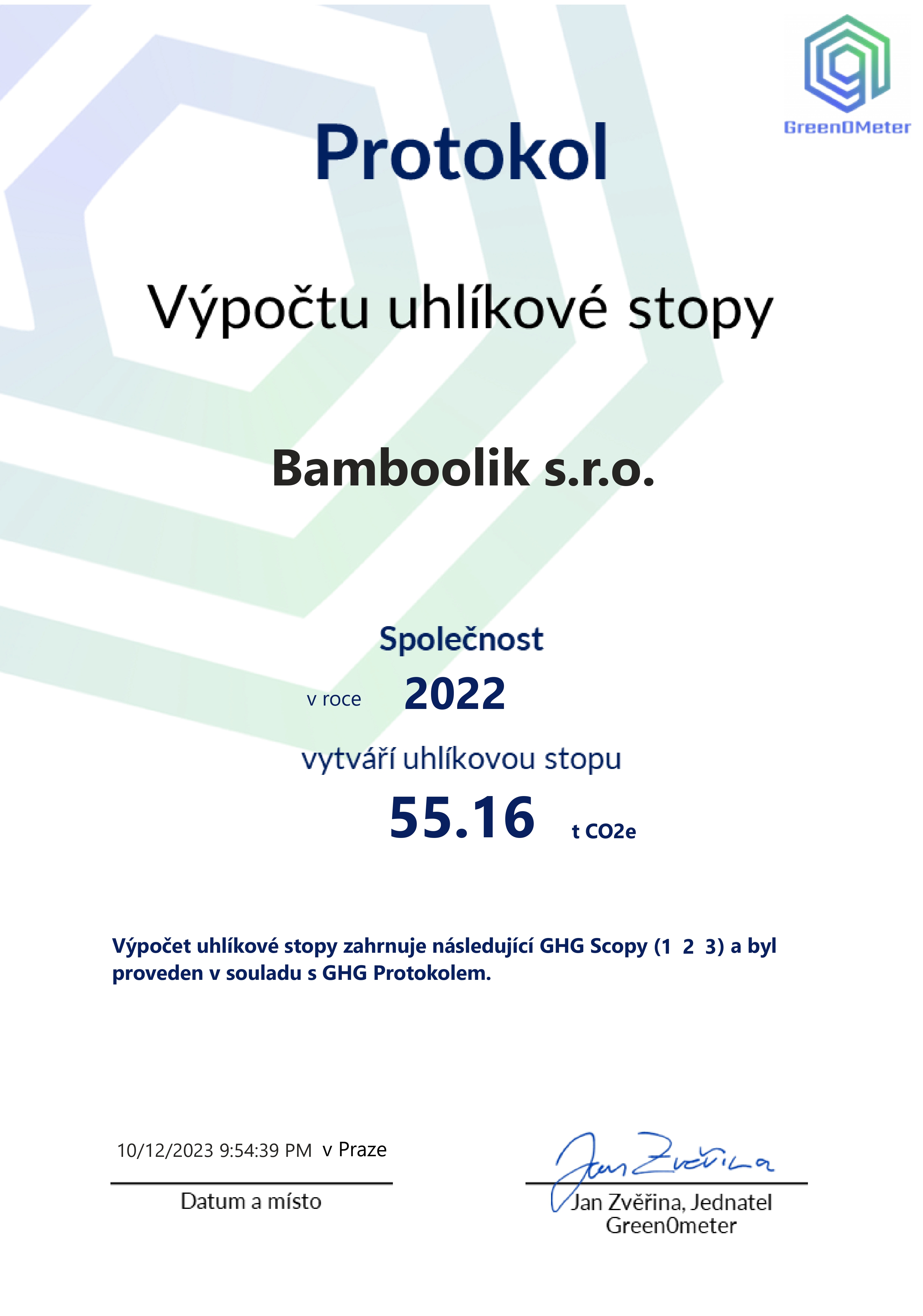 Protokol výpočtu uhlíkové stopy za rok 2022 | Bamboolik